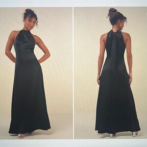 Black Satin Pleated A line Mock Neck Halter Maxi Dress Size 12